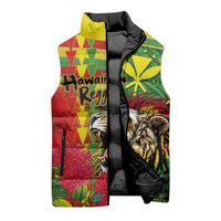 Hawaiian Reggae Sleeveless Puffer Jacket Kakau Art Motifs with Ohia Lehua and Rastafari Lion - Polynesian Pride