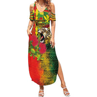 Hawaiian Reggae Summer Maxi Dress Kakau Art Motifs with Ohia Lehua and Rastafari Lion - Polynesian Pride