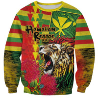 Hawaiian Reggae Sweatshirt Kakau Art Motifs with Ohia Lehua and Rastafari Lion - Polynesian Pride