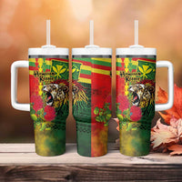 Hawaiian Reggae Tumbler With Handle Kakau Art Motifs with Ohia Lehua and Rastafari Lion - Polynesian Pride