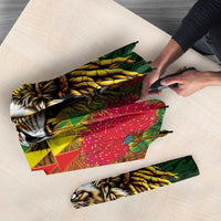 Hawaiian Reggae Umbrella Kakau Art Motifs with Ohia Lehua and Rastafari Lion - Polynesian Pride
