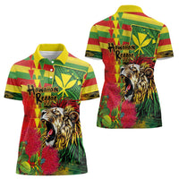 Hawaiian Reggae Women Polo Shirt Kakau Art Motifs with Ohia Lehua and Rastafari Lion LT03 - Polynesian Pride