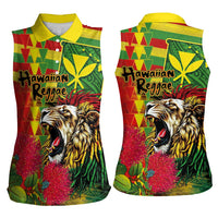 Hawaiian Reggae Women Sleeveless Polo Shirt Kakau Art Motifs with Ohia Lehua and Rastafari Lion - Polynesian Pride