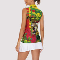 Hawaiian Reggae Women Sleeveless Polo Shirt Kakau Art Motifs with Ohia Lehua and Rastafari Lion - Polynesian Pride