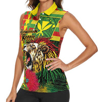 Hawaiian Reggae Women Sleeveless Polo Shirt Kakau Art Motifs with Ohia Lehua and Rastafari Lion - Polynesian Pride