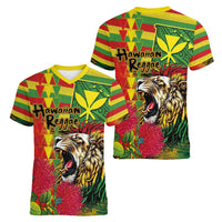Hawaiian Reggae Women V-Neck T-Shirt Kakau Art Motifs with Ohia Lehua and Rastafari Lion - Polynesian Pride