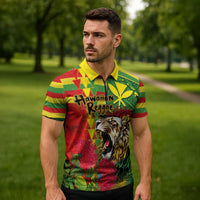 Hawaiian Reggae Zipper Polo Shirt Kakau Art Motifs with Ohia Lehua and Rastafari Lion - Polynesian Pride