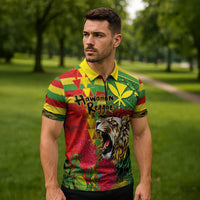 Hawaiian Reggae Zipper Polo Shirt Kakau Art Motifs with Ohia Lehua and Rastafari Lion - Polynesian Pride