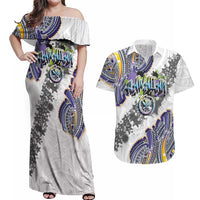 Traditional Art Hawaiian Kakau Tattoos Couples Matching Off Shoulder Maxi Dress and Hawaiian Shirt Graffiti Style LT03 White - Polynesian Pride