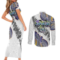Traditional Art Hawaiian Kakau Tattoos Couples Matching Short Sleeve Bodycon Dress and Long Sleeve Button Shirt Graffiti Style LT03 - Polynesian Pride