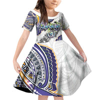 Traditional Art Hawaiian Kakau Tattoos Family Matching Off Shoulder Short Dress and Hawaiian Shirt Graffiti Style LT03 Daughter's Dress White - Polynesian Pride