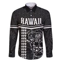 Custom Hawaii Warrior Family Matching Off Shoulder Maxi Dress and Hawaiian Shirt Kakau Quilt Pattern LT03 Dad's Shirt - Long Sleeve Black - Polynesian Pride