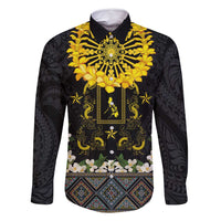 Flores de Mayo and Filipino Fiesta Family Matching Off Shoulder Short Dress and Hawaiian Shirt The Sun-Jasmine and Polynesian Yakan Tattoo Barong Style LT03 Dad's Shirt - Long Sleeve Black - Polynesian Pride