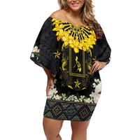 Flores de Mayo and Filipino Fiesta Family Matching Off Shoulder Short Dress and Hawaiian Shirt The Sun-Jasmine and Polynesian Yakan Tattoo Barong Style LT03 Mom's Dress Black - Polynesian Pride