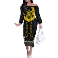 Flores de Mayo and Filipino Fiesta Off The Shoulder Long Sleeve Dress The Sun-Jasmine and Polynesian Yakan Tattoo Barong Style