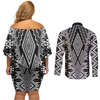 Aotearoa Tukutuku and Poutama Motif Classic Couples Matching Off Shoulder Short Dress and Long Sleeve Button Shirt LT03 - Polynesian Pride