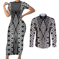 Aotearoa Tukutuku and Poutama Motif Classic Couples Matching Short Sleeve Bodycon Dress and Long Sleeve Button Shirt LT03 Gray - Polynesian Pride