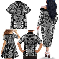 Aotearoa Tukutuku and Poutama Motif Classic Family Matching Off The Shoulder Long Sleeve Dress and Hawaiian Shirt