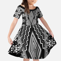 Aotearoa Tukutuku and Poutama Motif Classic Family Matching Short Sleeve Bodycon Dress and Hawaiian Shirt LT03 Daughter's Dress Gray - Polynesian Pride
