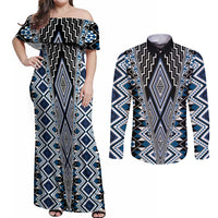 Blue Aotearoa Tukutuku and Poutama Motif Couples Matching Off Shoulder Maxi Dress and Long Sleeve Button Shirt LT03 Blue - Polynesian Pride