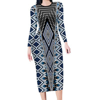 Blue Aotearoa Tukutuku and Poutama Motif Family Matching Long Sleeve Bodycon Dress and Hawaiian Shirt LT03 Mom's Dress Blue - Polynesian Pride