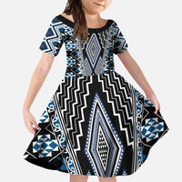Blue Aotearoa Tukutuku and Poutama Motif Family Matching Mermaid Dress and Hawaiian Shirt LT03 Daughter's Dress Blue - Polynesian Pride