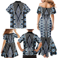 Blue Aotearoa Tukutuku and Poutama Motif Family Matching Mermaid Dress and Hawaiian Shirt LT03 - Polynesian Pride