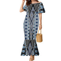 Blue Aotearoa Tukutuku and Poutama Motif Family Matching Mermaid Dress and Hawaiian Shirt LT03 Mom's Dress Blue - Polynesian Pride