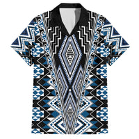 Blue Aotearoa Tukutuku and Poutama Motif Family Matching Off The Shoulder Long Sleeve Dress and Hawaiian Shirt