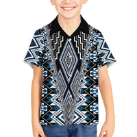 Blue Aotearoa Tukutuku and Poutama Motif Family Matching Off Shoulder Short Dress and Hawaiian Shirt LT03 Son's Shirt Blue - Polynesian Pride