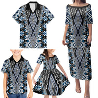 Blue Aotearoa Tukutuku and Poutama Motif Family Matching Puletasi and Hawaiian Shirt