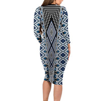 Blue Aotearoa Tukutuku and Poutama Motif Long Sleeve Bodycon Dress