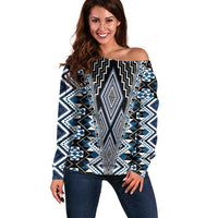Blue Aotearoa Tukutuku and Poutama Motif Off Shoulder Sweater