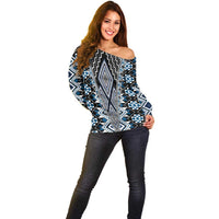 Blue Aotearoa Tukutuku and Poutama Motif Off Shoulder Sweater