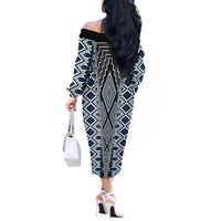 Blue Aotearoa Tukutuku and Poutama Motif Off The Shoulder Long Sleeve Dress LT03 - Polynesian Pride