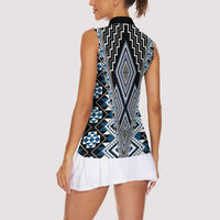 Blue Aotearoa Tukutuku and Poutama Motif Women Sleeveless Polo Shirt LT03 - Polynesian Pride