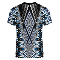 Blue Aotearoa Tukutuku and Poutama Motif Women V-Neck T-Shirt LT03 - Polynesian Pride