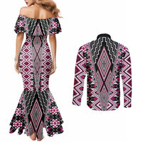 Pink Aotearoa Tukutuku and Poutama Motif Couples Matching Mermaid Dress and Long Sleeve Button Shirt LT03 - Polynesian Pride
