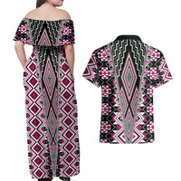 Pink Aotearoa Tukutuku and Poutama Motif Couples Matching Off Shoulder Maxi Dress and Hawaiian Shirt LT03 - Polynesian Pride