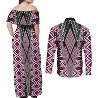 Pink Aotearoa Tukutuku and Poutama Motif Couples Matching Off Shoulder Maxi Dress and Long Sleeve Button Shirt LT03 - Polynesian Pride