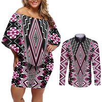 Pink Aotearoa Tukutuku and Poutama Motif Couples Matching Off Shoulder Short Dress and Long Sleeve Button Shirt LT03 Pink - Polynesian Pride