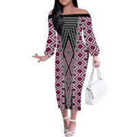 Pink Aotearoa Tukutuku and Poutama Motif Family Matching Off The Shoulder Long Sleeve Dress and Hawaiian Shirt
