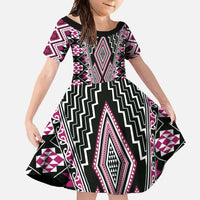 Pink Aotearoa Tukutuku and Poutama Motif Family Matching Off Shoulder Maxi Dress and Hawaiian Shirt LT03 Daughter's Dress Pink - Polynesian Pride