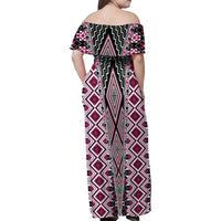 Pink Aotearoa Tukutuku and Poutama Motif Family Matching Off Shoulder Maxi Dress and Hawaiian Shirt LT03 - Polynesian Pride