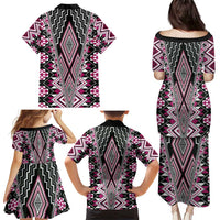 Pink Aotearoa Tukutuku and Poutama Motif Family Matching Puletasi and Hawaiian Shirt LT03 - Polynesian Pride