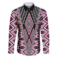 Pink Aotearoa Tukutuku and Poutama Motif Family Matching Puletasi and Hawaiian Shirt LT03 Dad's Shirt - Long Sleeve Pink - Polynesian Pride