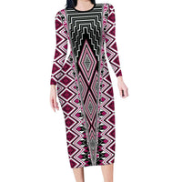 Pink Aotearoa Tukutuku and Poutama Motif Long Sleeve Bodycon Dress