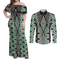 Green Aotearoa Tukutuku and Poutama Motif Couples Matching Off Shoulder Maxi Dress and Long Sleeve Button Shirt LT03 Green - Polynesian Pride