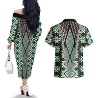 Green Aotearoa Tukutuku and Poutama Motif Couples Matching Off The Shoulder Long Sleeve Dress and Hawaiian Shirt