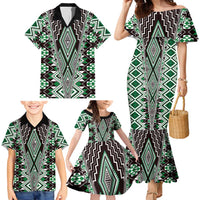 Green Aotearoa Tukutuku and Poutama Motif Family Matching Mermaid Dress and Hawaiian Shirt LT03 - Polynesian Pride